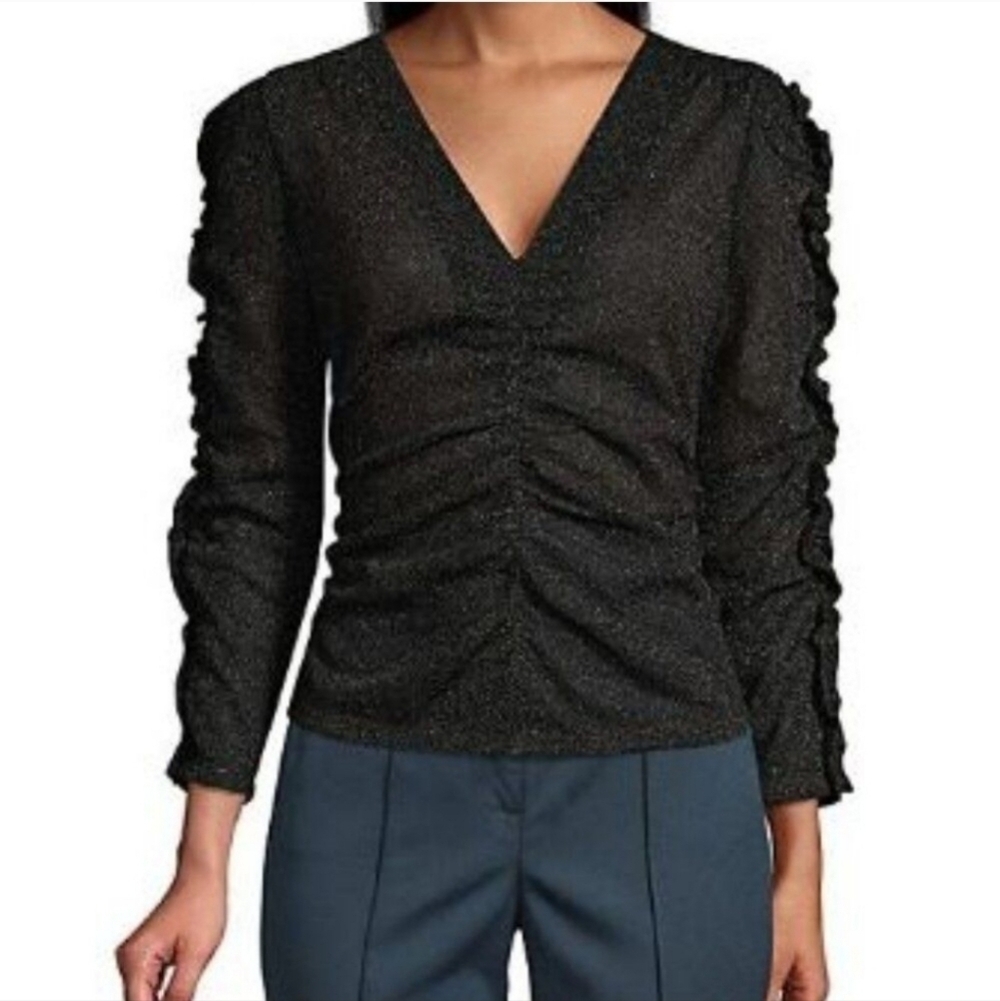 Rebecca Taylor Lurex Jersey Ruched V-neck Top Black Metallic Glitter size Small